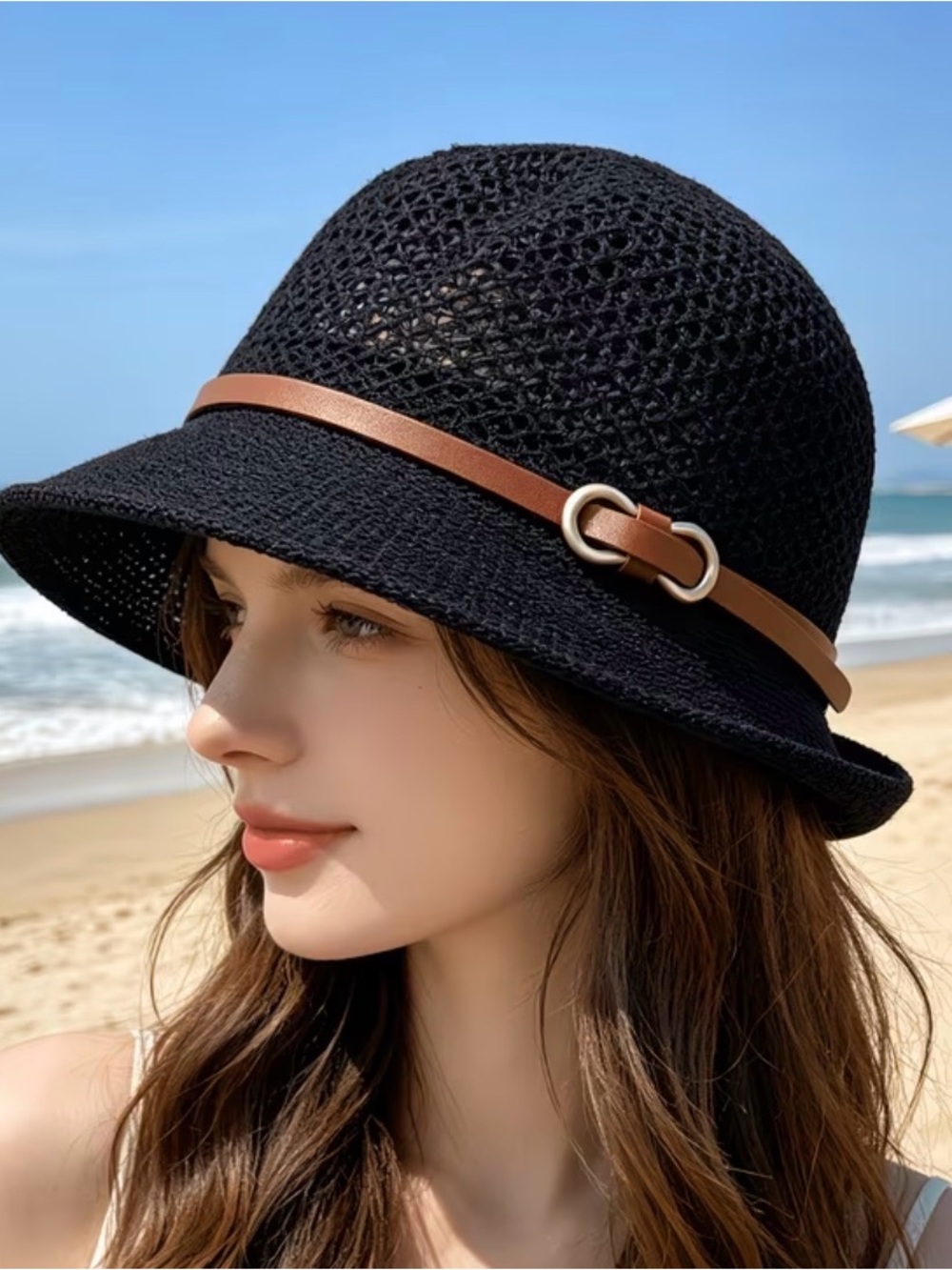 NWT Black Knit Sun Hat Straw Style Bucket Hat with Leather Trim Accent
